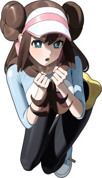  1girl 987645321o black_pantyhose blue_eyes blush breasts brown_hair collarbone donut_hair_bun double_bun full_body hair_bun hashtag-only_commentary hat highres long_hair looking_at_viewer nintendo open_mouth pantyhose pantyhose_under_shorts poke_ball_print pokemon pokemon_bw2 raglan_sleeves rosa_(pokemon) shirt shoes shorts simple_background solo twintails visor_cap yellow_shorts 