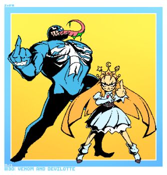  1boy 1girl animal_print belt blonde_hair blue_skin blunt_ends character_name colored_saliva colored_skin commentary crossover crown cyberbots devilot_de_deathsatan_ix dress eddie_brock english_commentary evil_smile forehead full_body gem gold_crown green_liquid hair_slicked_back height_difference high-waist_belt jeweled_crown juliet_sleeves legs_apart long_hair long_sleeves long_tongue looking_at_viewer marvel marvel_vs._capcom middle_finger multiple_belts pixel_art puffy_sleeves red_gem saliva sharp_teeth short_dress smile spider_print superhero_costume symbiote teeth tongue v-shaped_eyebrows venom_(marvel) very_long_hair very_long_tongue white_dress zimpleazdat  rating:General score:4 user:danbooru