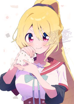  >:) 1girl blonde_hair blush bow bowtie closed_mouth commentary_request food green_bow green_bowtie hair_between_eyes highres holding holding_food jewelry layered_sleeves long_hair long_sleeves looking_at_viewer magia_record:_mahou_shoujo_madoka_magica_gaiden mahou_shoujo_madoka_magica ponytail red_eyes red_sailor_collar ring sailor_collar school_uniform serafuku serizawa_serizane shirt short_over_long_sleeves short_sleeves solo togame_momoko upper_body v-shaped_eyebrows watermark white_shirt 