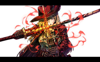 1girl blue_eyes breasts brown_hair cigar coat commentary_request crossed_swords ehdbs1198 hat holding holding_sword holding_weapon korean_commentary letterboxed limbus_company looking_at_viewer mouth_hold project_moon red_coat red_hat simple_background smile solo sword valencina_(project_moon) weapon white_background 