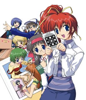  ... 6+girls ^^^ anger_vein arguing black_hair blonde_hair blue_cape blue_eyes blue_shirt blue_skirt bow box breast_pocket brown_eyes brown_hair brown_pants cape cardboard_box closed_mouth collared_shirt comedic_sweatdrop comic_party commentary_request cropped_jacket denim denim_skirt drawing_(action) dropping gloves green_bow green_hair green_vest haga_reiko hair_bow hair_over_shoulder hair_ribbon hairband hand_fan harisen hasebe_aya headset highres holding holding_fan holding_sketchbook inagawa_yuu jacket leaning_to_the_side long_hair long_sleeves low_twintails makimura_minami manga_(object) multiple_girls nib_pen_(object) official_art ooba_eimi open_clothes open_jacket open_mouth outstretched_arm pants pen pink_ribbon pocket purple_eyes purple_hair purple_sweater red_cape red_hair red_hairband red_vest ribbon round_eyewear sakurai_asahi semi-rimless_eyewear shirt short_hair short_twintails side_ponytail simple_background sketchbook skirt sleeve_cuffs sleeveless sleeveless_shirt sleeves_past_wrists smile speech_bubble spoken_ellipsis standing strap_slip striped_clothes striped_sweater sweater table takase_mizuki tears teeth through_medium through_page tsukamoto_chisa turtleneck turtleneck_sweater twintails two-sided_cape two-sided_fabric upper_teeth_only v-shaped_eyebrows vest visor_cap white_background white_gloves white_jacket white_shirt white_vest wristband yellow_ribbon yellow_shirt yuuki_shin'ichi 