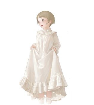  1girl absurdres blush brown_eyes brown_hair chinese_commentary clothes_lift commentary_request highres lace_socks laughing looking_to_the_side nightgown open_mouth original pixie_cut see-through_clothes see-through_nightgown short_sleeves simple_background skirt skirt_lift socks solo teeth thighhighs tongue upper_body upper_teeth_only white_background white_nightgown white_socks yingguang zettai_ryouiki 