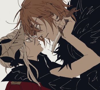  1boy 1girl black_fur blonde_hair blue_eyes close-up closed_mouth commentary couple dagger dimitri_alexandre_blaiddyd dimitri_alexandre_blaiddyd_(timeskip) double_bun edelgard_von_hresvelg edelgard_von_hresvelg_(timeskip) eyepatch fake_horns fire_emblem fire_emblem:_three_houses from_side fur_trim hair_between_eyes hair_bun hair_up heads_together hetero hgus1128 holding holding_dagger holding_knife holding_weapon horns knife looking_at_another looking_down looking_up messy_hair nintendo simple_background strangling untranslatable_commentary upper_body weapon wide-eyed 