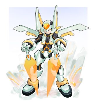  2019 armor artist_name bodysuit boots border commentary energy_sword english_commentary forehead_jewel full_body fusion gloves gradient_background helmet highres holding holding_weapon legs_apart mechanical_wings mega_man_(series) mega_man_zx mega_man_zx_advent model_h_(mega_man) model_w_(mega_man) nakayama_tooru_(style) official_style orange_eyes power_armor signature standing sword tomycase toyu weapon white_armor white_border white_helmet wings 