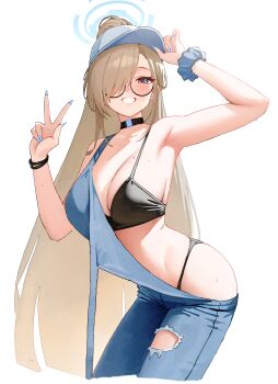  1girl absurdres asuna_(blue_archive) bare_shoulders black_bra black_panties blonde_hair blue_archive blue_eyes blue_halo blue_hat blue_overalls blush bra breasts choker cleavage commentary_request glasses grin halo hat high_ponytail highres kono_(xerondan321) large_breasts long_hair looking_at_viewer mole mole_on_breast overalls panties ponytail round_eyewear scrunchie semi-rimless_eyewear smile thighs torn_clothes torn_overalls underwear v very_long_hair wrist_scrunchie wristband  rating:Sensitive score:25 user:danbooru