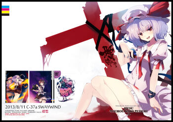  1girl black_ribbon blood blood_on_clothes choko_(cup) collared_shirt commentary_request cover cross cup english_text fangs feet_out_of_frame frilled_socks frills hat hata_no_kokoro holding holding_cup jitome knees light_blush mob_cap neck_ribbon open_mouth pink_hat pink_shirt pink_skirt puffy_short_sleeves puffy_sleeves purple_hair red_cross red_eyes remilia_scarlet ribbon shameimaru_aya shirt short_hair short_sleeves sitting skirt smile socks thighs tokiame touhou undone_neck_ribbon watatsuki_no_yorihime white_background wrist_belt 