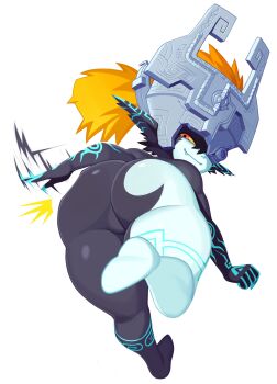  1girl absurdres ass black_skin body_markings closed_mouth colored_skin commentary crown earrings fang floating green_skin highres huge_ass jewelry long_hair looking_at_viewer looking_back midna motion_lines multicolored_skin nintendo one_eye_covered orange_hair pointy_ears shortstack simple_background smile smug solo spanking_self the_legend_of_zelda the_legend_of_zelda:_twilight_princess two-tone_skin werfmight white_background  rating:Sensitive score:32 user:danbooru