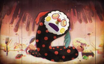  artist_request blush_stickers candy charlotte_(madoka_magica) cookie creature creature_focus cross-eyed defeat dizzy doll film_grain food fork frown game_cg highres icing light_particles magia_record:_mahou_shoujo_madoka_magica_gaiden mahou_shoujo_madoka_magica mahou_shoujo_madoka_magica_magia_exedra mismatched_sclera no_humans official_art open_mouth solo witch's_labyrinth witch_(madoka_magica) 