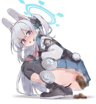  1girl aku0 anal_grip animal_ear_headphones animal_ears ankle_boots ankle_socks anus ass ass_focus bar_censor black_boots black_bow black_gloves blue_archive blue_halo blue_skirt blue_socks blush blush_visible_through_hair boots bow censored chestnut_mouth clothes_writing colored_shoe_soles commentary defecating double-parted_bangs embarrassed english_text fake_animal_ears from_behind from_below full_body gloves grey_hair hair_between_eyes hair_bow halo hand_on_own_knee headphones heavy_breathing highres long_hair long_sleeves looking_at_viewer looking_back miniskirt miyako_(blue_archive) mosaic_censoring multicolored_gloves neckerchief no_panties nose_blush open_mouth perineum petite pink_gloves pink_neckerchief pleated_skirt puckered_anus puffy_long_sleeves puffy_sleeves purple_eyes pussy rabbit_ear_headphones rabbit_ears rabbit_tail scat shadow sidelocks simple_background skirt smell socks solo squatting sweat tail tareme tongue two-tone_gloves two_side_up v-shaped_eyebrows very_long_hair white_background white_tail 