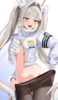  1girl absurdres armband black_armband blanc_(fortune_express)_(nikke) blanc_(nikke) blush clothes_pull coat fur-trimmed_collar fur_trim goddess_of_victory:_nikke high-waist_pantyhose highres jacket long_hair looking_at_viewer navel open_mouth orange_eyes pantyhose pantyhose_pull seamed_legwear see-through_pantyhose simple_background smile solo twintails white_background white_jacket winter_clothes winter_coat zdj 