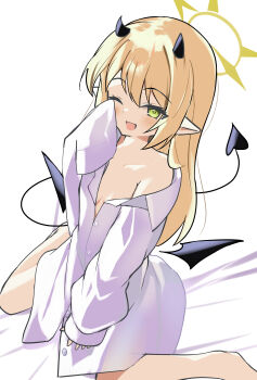  1girl absurdres arm_up bare_shoulders barefoot blonde_hair blue_archive blush borrowed_clothes breasts buri-chan_(britishpine1989) demon_girl demon_horns demon_tail demon_wings dress_shirt green_eyes halo highres horns ibuki_(blue_archive) loli long_hair no_pants off_shoulder one_eye_closed open_mouth pointy_ears rubbing_eyes shirt sitting sleeves_past_wrists small_breasts smile solo tail white_shirt wings yellow_halo 