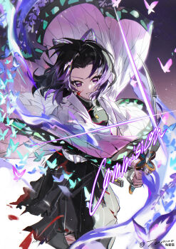  1girl absurdres belt black_hair black_pants bug butterfly butterfly_hair_ornament chinese_commentary commentary_request commission demon_slayer_uniform gradient_hair hair_ornament high_collar highres holding holding_weapon insect jacket japanese_clothes katana kimetsu_no_yaiba kochou_shinobu long_sleeves looking_at_viewer multicolored_hair open_clothes open_jacket pants purple_eyes purple_hair sheath simple_background solo sword torn_clothes tumaomao unsheathed weapon 