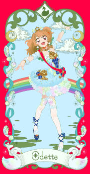  1girl :d absurdres aikatsu! aikatsu!_(series) ankle_ribbon bird blue_dress blue_gem blue_ribbon blue_shoes blue_sky blue_sleeves blue_wrist_cuffs closed_eyes cloud commentary_request crescent dancing detached_sleeves dot_nose dress feathers fishnet_thighhighs fishnets gem hands_up highres idol idol_clothes jewelry leg_ribbon medium_dress necklace open_mouth orange_hair outstretched_arms ozora_akari red_eyes ribbon shoes short_sleeves sky sleeveless sleeveless_dress smile solo sparkle spread_arms strapless strapless_dress swan thighhighs tiara white_thighhighs wrist_cuffs yamaguchi_haruka_(tenpiboshi) 