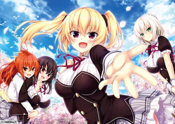  4girls asuhara_yuuki black_hair black_jacket black_scrunchie blonde_hair blue_sky blush braid breasts buttons closed_mouth cloud collared_shirt copyright_notice day green_eyes grey_hair grey_skirt hair_between_eyes hair_ornament hair_ribbon hair_scrunchie hand_up high_ponytail hug hug_from_behind jacket kuroki_michi large_breasts long_hair long_sleeves looking_at_viewer looking_to_the_side medium_hair miniskirt multiple_girls neck_ribbon nora_to_oujo_to_noraneko_heart official_art oozora_itsuki open_mouth orange_eyes orange_hair orange_ribbon outdoors outstretched_hand patricia_of_end pleated_skirt ponytail puffy_short_sleeves puffy_sleeves purple_eyes reaching reaching_towards_viewer red_eyes red_ribbon ribbon school_uniform scrunchie shirt short_sleeves skirt sky smile standing tight_clothes twintails white_shirt white_wrist_cuffs wing_collar wrist_cuffs yuuri_shachi 