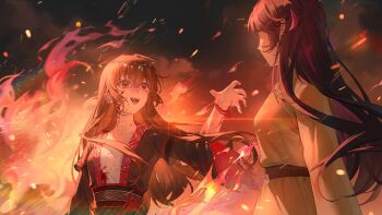  2girls belt black_hair blood blood_on_clothes blood_on_face brown_hair chimei_(love_curse:_find_your_soulmate) chinese_clothes clothing_request collarbone fang fire game_cg hand_up hell highres long_hair love_curse:_find_your_soulmate multiple_girls non-web_source official_art open_mouth pale_skin red_eyes selene_yan smile teeth upper_body upper_teeth_only 