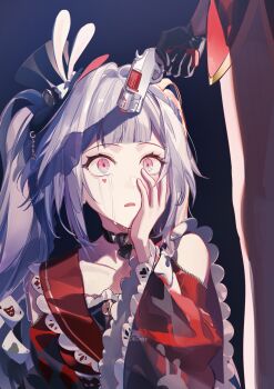  2girls aiming aiming_at_another artist_name black_choker black_gloves black_hat choker clothing_cutout collarbone commentary crying crying_with_eyes_open diamond_(shape) diamond_facial_mark dual_persona facial_mark frilled_sailor_collar frills gloves gun hair_intakes hand_on_own_cheek hand_on_own_face hat hat_ornament heart heart_facial_mark highres holding holding_gun holding_weapon honkai:_star_rail honkai_(series) lokonity long_hair long_sleeves looking_at_another looking_up mini_hat mini_top_hat multiple_girls one_eye_closed open_mouth pink_eyes rabbit_hat_ornament red_sailor_collar red_shirt sailor_collar shirt shoulder_cutout sparkle_(honkai:_star_rail) sparxie_(honkai:_star_rail) tears top_hat twintails weapon white_hair 