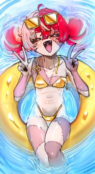  1girl absurdres alternate_costume bikini black_nails blush breasts closed_eyes colored_skin double_bun double_w eyewear_on_head fangs gold_bikini grey_hair grey_skin hair_bun highres hololive hololive_indonesia kghazir kureiji_ollie multicolored_hair multicolored_skin navel open_mouth pink_skin red_hair small_breasts solo stitched_leg stitched_torso stitches swimsuit virtual_youtuber w water zombie 