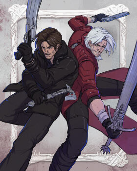  2boys absurdres arm_up axe black_gloves black_jacket black_pants brown_hair capcom coat commentary company_connection crossover dante_(devil_may_cry) devil_may_cry_(series) devil_may_cry_5 dual_wielding english_commentary feet_out_of_frame gloves gun handgun hatchet_(axe) highres holding holding_axe holding_gun holding_sword holding_weapon inset_border jacket leon_s._kennedy long_sleeves looking_at_viewer looking_to_the_side male_focus multiple_boys pants red_coat resident_evil resident_evil_requiem smile sword underscorecip weapon white_hair 