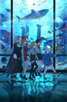  5girls absurdres advarcher alternate_costume aquarium black_cape black_dress black_thighhighs blue_hoodie blue_socks blue_streaks cape closed_eyes dress fins fish_tail gawr_gura gawr_gura_(1st_costume) grey_hair high_heels highres hololive hololive_english holomyth hood hoodie indoors medium_hair mori_calliope mori_calliope_(1st_costume) multiple_girls ninomae_ina'nis open_mouth orange_hair orange_shirt orange_skirt pantyhose pink_hair purple_hair red_eyes shark_girl shark_tail shirt shoes skirt smile socks tail takanashi_kiara takanashi_kiara_(1st_costume) thighhighs two_side_up virtual_youtuber watson_amelia watson_amelia_(1st_costume) white_pantyhose yellow_shoes 