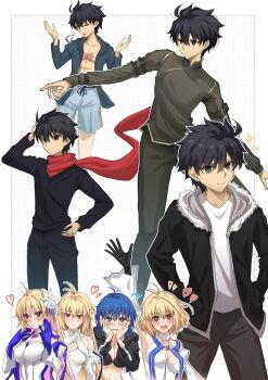  1boy 4girls :d ahoge archetype_earth archetype_earth_(third_ascension) arcueid_brunestud arcueid_brunestud_(mooncancer) bare_shoulders bikini black_bikini black_gloves black_hair black_hoodie black_pantyhose black_shirt blonde_hair blue_eyes blue_gloves blue_hair blue_hoodie blue_ribbon blue_shorts blush breasts c.i.e.l_(fate) ciel_(tsukihime) cleavage commentary_request cross cross_necklace detached_sleeves dress fate/grand_order fate_(series) gloves gold_trim hair_between_eyes hair_intakes hair_ornament hands_in_pockets hands_on_own_face heart heart-shaped_pupils highres hood hoodie japanese_clothes jewelry long_hair looking_at_viewer male_focus multiple_girls multiple_persona mysterious_executor_c.i.e.l_(fate) necklace official_alternate_costume one_eye_closed open_clothes open_hoodie open_mouth pantyhose red_eyes red_scarf ribbon satsujinki scar scar_on_chest scarf shirt short_hair shorts shrugging sigh smile sweat swimsuit symbol-shaped_pupils tohno_shiki toomishou tsukihime tsukihime_(remake) wavy_hair white_dress white_shirt 