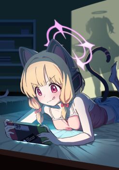  2girls :q absurdres alternate_costume animal_ear_headphones animal_ears blonde_hair blue_archive blush bow camisole cat_ear_headphones cat_ears commentary fake_animal_ears fake_tail hair_bow halo handheld_game_console headphones highres holding holding_handheld_game_console indoors leg_up low-tied_sidelocks lying millennium_science_school_logo momoi_(blue_archive) multiple_girls nintendo_switch ominous_shadow on_stomach pink_camisole pink_halo red_bow short_hair shorts sidelocks tail tanuk tongue tongue_out v-shaped_eyebrows white_shorts yuuka_(blue_archive) 