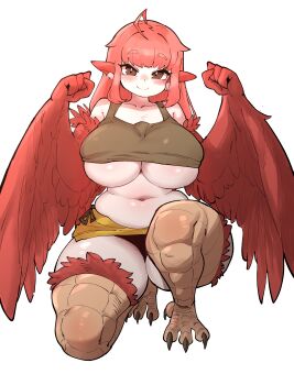  1girl ahoge animal_ears belly bird_ears bird_legs blush borrowed_character breasts brown_tank_top coco_(eogks) commentary feathers harpy highres huge_breasts long_hair midriff monster_girl navel original plump red_feathers red_hair red_wings simple_background skirt smile solo talons tank_top thick_thighs thighs underboob white_background winged_arms wings xeppir yellow_skirt 