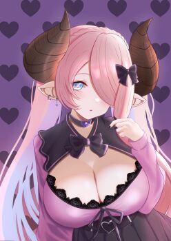  1girl belt_buckle black_bow black_bowtie black_ribbon black_skirt blue_eyes blush bow bowtie braid breasts buckle butterfly_choker cleavage commentary_request draph dress frilled_shirt frills granblue_fantasy hair_ornament hair_over_one_eye heart heart_background heart_o-ring high-waist_skirt highres hilda_sakura horns jirai_kei lace lace-trimmed_dress lace_trim large_breasts long_hair looking_at_viewer narmaya_(granblue_fantasy) o-ring open_mouth piercing pink_hair pink_shirt pointy_ears purple_background ribbon shirt simple_background skirt solo upper_body very_long_hair 