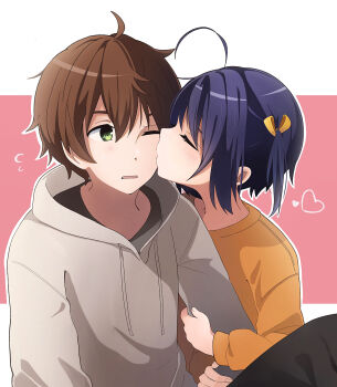  1boy absurdres ahoge black_hair black_pants brown_hair chuunibyou chuunibyou_demo_koi_ga_shitai! green_eyes grey_hoodie hair_between_eyes heart highres hood hoodie kiss kissing_cheek kyoto_animation long_sleeves magupimu one_eye_closed open_mouth orange_sweater pants pink_background ribbon sweater takanashi_rikka togashi_yuuta white_background yellow_ribbon 