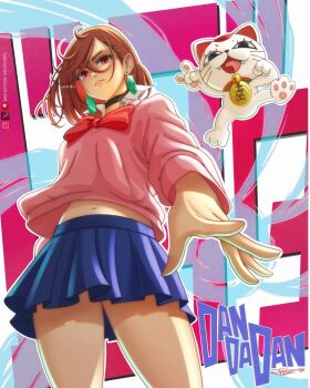  2girls \n/ ayase_momo bell black_choker blue_skirt bow bowtie brown_hair choker closed_mouth collared_shirt commentary copyright_name crossed_bangs dandadan earrings english_commentary fang feet_out_of_frame hair_between_eyes highres jewelry kami_high_school_uniform long_sleeves looking_at_viewer maneki-neko midniteblueart midriff miniskirt multiple_girls navel neck_bell open_mouth pink_sweater pleated_skirt red_bow red_bowtie red_eyes school_uniform shirt shirt_under_sweater short_hair signature skirt sweater thighs turbo_granny_(dandadan) white_shirt 