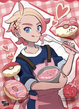  1boy :d apron arm_up blonde_hair blue_eyes blue_shirt bowl collarbone commentary_request cookie cowboy_shot crew_neck donut food fruit gradient_hair hair_behind_ear hair_ornament hairclip heart holding holding_bowl holding_spatula macaron male_focus multicolored_hair nariwami_(0o_haminari_o0) nintendo open_mouth pink_apron pink_hair pokemon pokemon_legends:_z-a shirt short_hair short_sleeves smile solo spatula strawberry tongue tongue_out urbain_(pokemon) watermark 