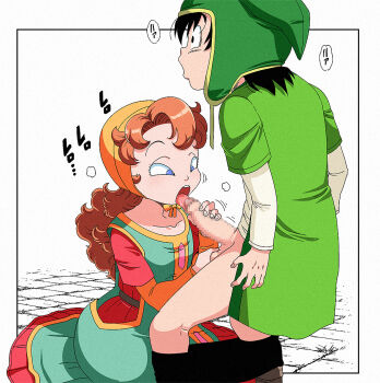  1boy 1girl amedama_akihito black_hair blue_eyes brown_hair caressing_testicles commentary_request cross-eyed curly_hair dragon_quest dragon_quest_vii dress eyelashes fellatio foreskin green_tunic handjob hero_(dq7) hetero licking licking_penis long_hair maribel_(dq7) oral orange_bonnet pants_around_thighs penis testicles tunic 