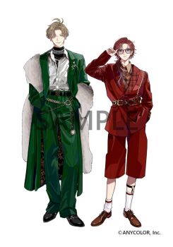  2boys adjusting_eyewear antenna_hair belt belt_buckle black_belt black_nails black_shirt black_shoes brown_hair brown_shirt brown_shoes buckle capri_pants closed_mouth coat copyright_notice cross-laced_shoes curtained_hair dress_shoes earrings expressionless fashion feather_boa full_body green_coat green_eyes green_pants hair_over_one_eye hair_over_shoulder hand_in_pocket hand_on_eyewear hands_in_pockets jacket jewelry keiko_(um7mr1) key key_necklace lapel_pin lapels lauren_iroas legwear_garter long_hair long_sleeves looking_at_viewer low_ponytail male_focus mole mole_under_eye multiple_boys multiple_necklaces nail_polish necklace nijisanji o-ring o-ring_belt official_art oliver_evans open_clothes open_coat open_collar pants parted_bangs patterned_clothing peaked_lapels pearl_necklace plaid_clothes plaid_lapels plaid_shirt pocket_watch ponytail print_shirt red_belt red_hair red_jacket red_pants sample_watermark shirt shirt_tucked_in shoes short_hair side-by-side simple_background single_earring smile socks standing straight-on suit_jacket sunglasses turtleneck turtleneck_shirt two-sided_coat two-sided_fabric undershirt virtual_youtuber wallet_chain watch watermark white_background white_shirt white_socks 