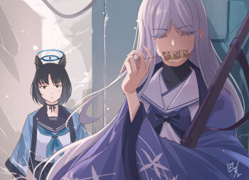  2girls animal_ears arisaka black_eyes black_hair black_sailor_collar blue_archive blue_bow blue_halo blue_haori blue_neckerchief blue_sailor_collar bolt_action bow broken_glass cat_ears cat_girl choker closed_eyes colored_eyelashes commentary_request dated eating food food_in_mouth glass gun halo haori holding holding_food japanese_clothes kikyou_(blue_archive) long_hair multiple_girls nagusa_(blue_archive) neckerchief nikulas_cage parody ribbon_choker rifle ruins sailor_collar scene_reference school_uniform serafuku short_hair signature small_sweatdrop undershirt weapon white_eyelashes white_hair white_serafuku yakitori 