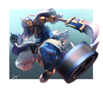  1girl absurdres cleavage_cutout closed_mouth clothing_cutout commentary_request eyepatch floating floating_object from_below gold_trim highres holding holding_polearm holding_weapon horns kirisame_raiya lips long_hair naginata oni pants polearm purple_hair red_eyes shinrabanshou shoes skin-covered_horns solo teppu_tora weapon 