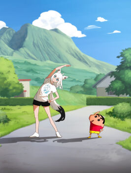  1boy 1girl animal_ears artist_request black_shorts blue_eyes blue_sky bush cloud crayon_shin-chan exercising fox_ears fox_girl fox_tail grass highres hill hololive hololive_gamers long_hair mountain nohara_shinnosuke print_shirt red_shirt road rural shirakami_fubuki shirt shorts sky source_request stretching sukonbu_(shirakami_fubuki) tail tree virtual_youtuber white_hair white_tail yellow_shorts  rating:General score:7 user:orochijes