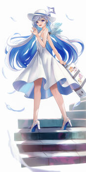 1girl absurdres amane_kanata aqua_wings blue_hair blue_nails colored_inner_hair commentary_request demonasa dress falling_feathers feathered_wings feathers full_body gradient_wings halo hat high_heels highres holding holding_suitcase hololive long_hair looking_at_viewer looking_back mini_wings multicolored_hair multicolored_wings official_alternate_hair_length official_alternate_hairstyle open_mouth pink_eyes pumps smile solo star_halo suitcase sun_hat sundress very_long_hair virtual_youtuber white_dress white_feathers white_hair white_hat white_wings wings 