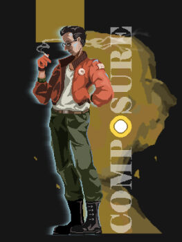  absurdres bomber_jacket boots commentary_request composure_(disco_elysium) disco_elysium facial_hair glasses gloves highres jacket kim_kitsuragi military_fatigues military_uniform mustache orange_gloves orange_jacket pixel_art shirt smoking white_shirt 