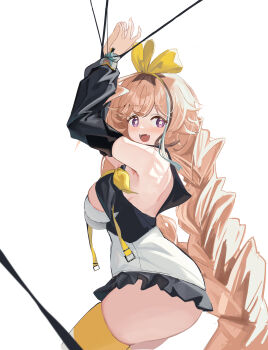  1girl :d absurdres azur_lane bare_shoulders black_shirt blonde_hair bound bound_wrists braid breasts cropped_shirt detached_sleeves dress fang from_side hair_ribbon hands_up highres large_breasts long_hair microdress no_bra open_clothes open_mouth open_shirt purple_eyes ribbon shirt smile star-shaped_pupils star_(symbol) symbol-shaped_pupils thighhighs thighs twin_braids twintails very_long_hair white_dress william_d._porter_(azur_lane) xiyu_(52710106) yellow_ribbon 