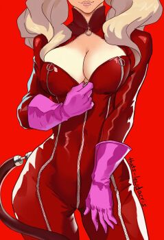  1girl artist_name bodysuit breasts catsuit cleavage commentary english_commentary full-length_zipper gloves highres panther_(persona_5) persona persona_5 persona_5_the_royal pink_gloves red_background red_bodysuit smile takamaki_ann thats-lewdacris twintails unzipping zipper  rating:Sensitive score:28 user:danbooru