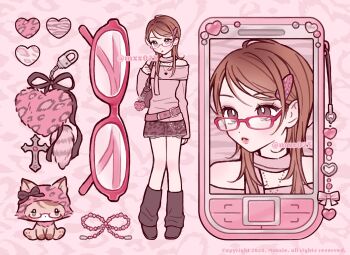  1girl animal_print animalization bag bag_charm belt black_shoes black_skirt black_socks blush bow brown_eyes brown_hair cat cellphone cellphone_charm charm_(object) fashion glasses hair_ornament hairclip handbag heart himekaji korean_commentary leopard_print loafers long_hair long_sleeves loose_socks mxx025 off-shoulder_sweater off_shoulder original phone pink_belt pink_bow pink_sweater pink_theme rhinestone ribbon shoes skirt socks solo sweater what's_in_my_bag 