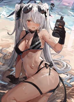  1girl absurdres beach bikini black_bikini black_gloves blue_archive blush bottle breasts commentary_request dark-skinned_female dark_skin demon_tail eyewear_on_head gloves grey_hair hair_over_one_eye halo halterneck highres holding holding_bottle iori_(blue_archive) iori_(swimsuit)_(blue_archive) long_hair looking_at_viewer lotion medium_breasts navel ocean official_alternate_costume open_mouth outdoors pointy_ears red_eyes side-tie_bikini_bottom solo sunglasses sunscreen swimsuit tail the_olphy twintails very_long_hair 
