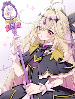  1girl absurdres antenna_hair black_bow black_capelet black_dress blonde_hair blush bow braid brooch capelet commentary_request cure_arcana_shadow diamond_hairband dot_nose dress gem hair_bow hair_intakes haruki_(colorful_macaron) heart heart_brooch highres holding holding_staff jewelry long_hair looking_at_viewer magical_girl meitantei_precure! moria_luluka open_mouth precure purple_eyes purple_gem purple_veil purple_wrist_cuffs smile solo staff tear_arcana_rod upper_body veil white_background wrist_cuffs 