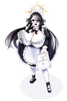  1girl absurdres alternate_costume apron black_dress black_hair blue_archive breasts dress enmaided frilled_apron frilled_dress frills hair_over_one_eye halo highres hinata_(blue_archive) holding holding_paper huge_breasts juliet_sleeves lazy_ant long_hair long_sleeves looking_at_viewer maid maid_apron maid_headdress paper puffy_sleeves purple_eyes short_dress solo very_long_hair waist_apron white_apron winged_halo yellow_halo 