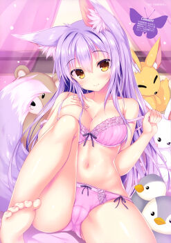 1girl absurdres animal_ears bare_shoulders barefoot blush bra breast_suppress breasts cameltoe cleavage collarbone feet female_focus hand_on_own_chest head_tilt highres indoors leg_up long_hair looking_at_viewer medium_breasts medium_hair navel panties pink_bra pink_panties purple_hair scan sitting smile soles solo strap_slip stuffed_animal stuffed_toy tail tateha_(marvelous_grace) toes underwear yellow_eyes rating:Questionable score:45 user:danbooru