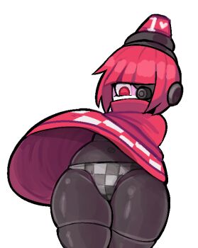  1girl 2x_(artist) alarm_siren android black_skin black_thighhighs borrowed_character checkered_clothes checkered_panties cloak colored_skin cowboy_shot drawfag dress flat_chest from_below joints mini-sentry-chan_(fizzywattr) navel one-eyed panties pantyshot pear-shaped_figure personification red_cloak red_dress red_eyes red_hair robot_joints short_hair simple_background solo team_fortress_2 thick_thighs thighhighs thighs underwear upskirt white_background white_skin wind wind_lift 