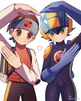  2boys black_shorts blue_headband blue_helmet brothers brown_eyes brown_hair cowboy_shot ea_exe0 green_eyes headband heart_arms helmet highres lan_hikari_(mega_man) male_focus mega_man_(series) mega_man_battle_network_(series) megaman.exe multiple_boys orange_vest shirt short_hair shorts siblings simple_background twins vest white_background white_shirt 