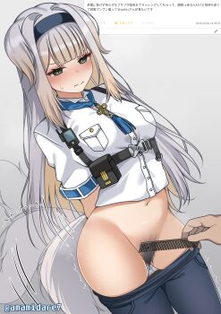 1boy 1girl absurdres amamidare blush breasts commentary_request embarrassed feet_out_of_frame female_pubic_hair green_eyes grey_background grey_hair hairband highres holding holding_brush long_hair long_sleeves medium_breasts navel original pants pubic_hair shirt simple_background solo_focus standing sweat translation_request twitter_username white_shirt rating:Questionable score:12 user:danbooru