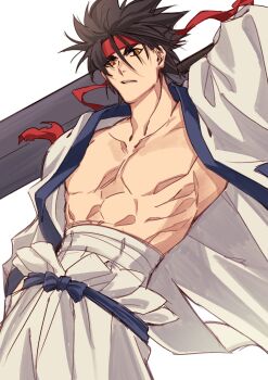 1boy bandaged_torso black_hair hair_between_eyes headband hizuchibunshin holding holding_sword holding_weapon japanese_clothes male_focus muscular muscular_male open_clothes open_shirt pectorals red_headband rurouni_kenshin sagara_sanosuke short_hair solo spiked_hair sword thick_eyebrows weapon white_background