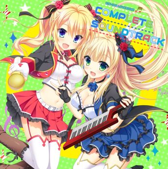  2girls :d album_cover alternate_costume ascot belt black_belt black_bow black_choker black_gloves blonde_hair blue_ascot blue_bow blue_eyes blue_skirt blunt_bangs blush bow breasts cd_(source) choker cleavage cleavage_cutout clothing_cutout copyright_name cover cropped_shirt diamond_earrings earrings english_text feet_out_of_frame fingerless_gloves floating_hair flower frilled_shirt frilled_sleeves frills garter_straps gloves green_background green_eyes hair_between_eyes hair_bow hair_flower hair_ornament hand_up happy heart heart-shaped_ornament heart_earrings holding holding_instrument holding_microphone instrument jewelry kin-iro_loveriche kisaki_reina knees_together_feet_apart large_breasts long_hair long_sleeves looking_at_viewer microphone miniskirt moribe_(rabumanyo) multiple_girls navel official_art open_mouth piano puffy_short_sleeves puffy_sleeves red_bow red_flower red_rose red_skirt rose shirt short_sleeves sidelocks simple_background skirt smile sparkle straight_hair sylvia_le_cruzcrown_sortilege_sisua thighhighs third-party_source toranosuke twintails v very_long_hair wavy_hair white_belt white_gloves white_shirt white_thighhighs zettai_ryouiki 