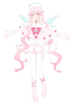  1girl blair_labri_(artist) blue_eyes dress halo indie_virtual_youtuber leggings pink_eyes pink_hair pointy_ears skirt tori_oriane twintails virtual_youtuber wings 